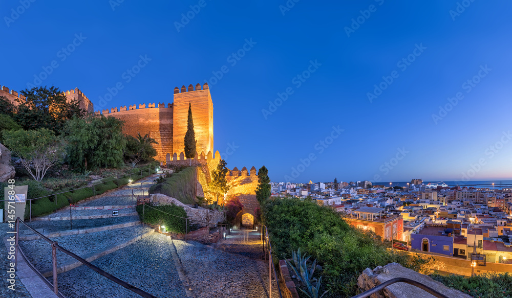 Panoramic view on city skyline and walls of Alcazaba fortress in Almeria, Andalusia, Spain