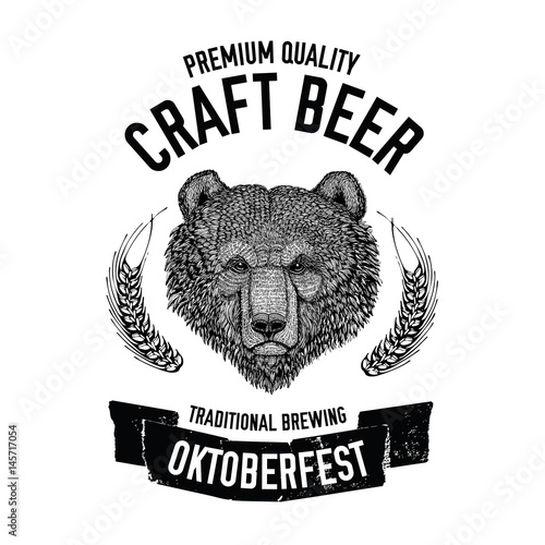Hand drawn beer emblem with brown bear for logotype, badge, menu cover