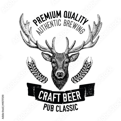 Hand drawn beer emblem with deer Vector label