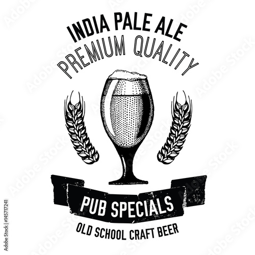 Hand drawn beer emblem with glass full of craft beer, lager, ale, stout Vector image