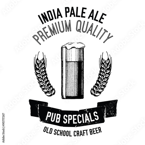 Hand drawn beer emblem with glass full of craft beer, lager, ale, stout Vector image