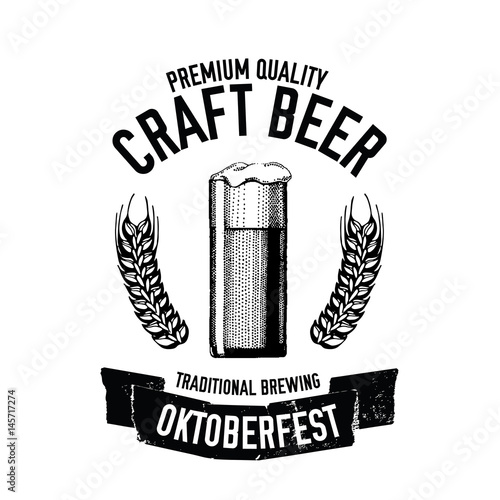 Hand drawn beer emblem with glass full of craft beer, lager, ale, stout Vector image