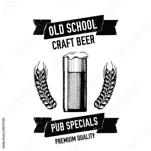 Hand drawn beer emblem with glass full of craft beer, lager, ale, stout Vector image