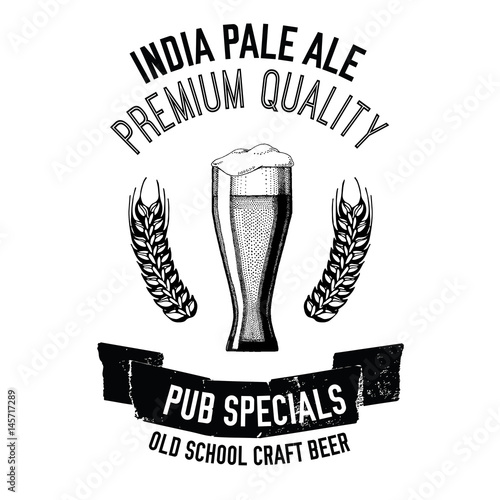 Hand drawn beer emblem with glass full of craft beer, lager, ale, stout Vector image