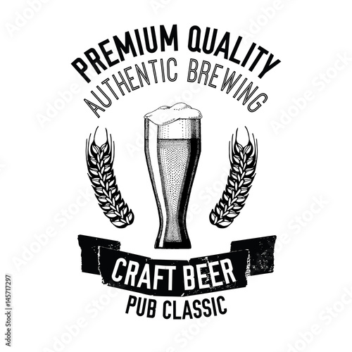 Hand drawn beer emblem with glass full of craft beer, lager, ale, stout Vector image