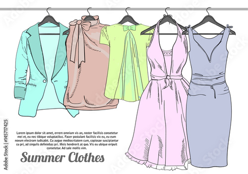 illustration of drawing Summer woman clothes on hangers. Natural, trendy color. Coordination for girl. Isolated doodle objects. Template brochure