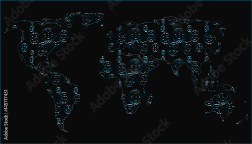 world map made of gearwheels,