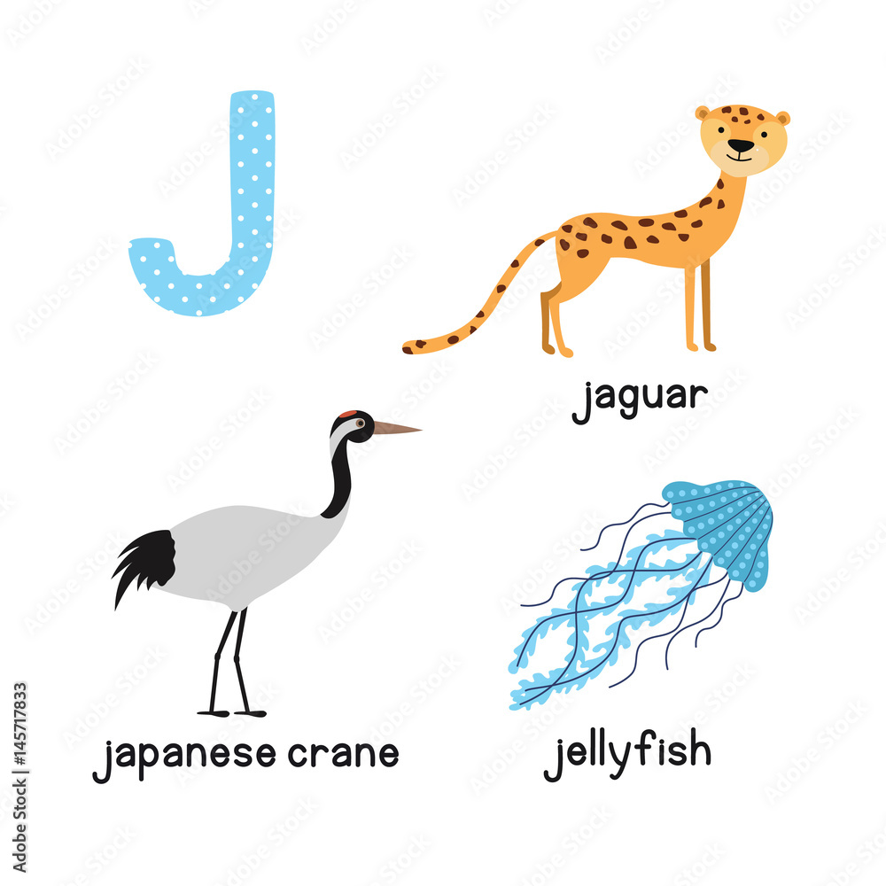 Cute Animal Zoo Alphabet. Letter J for Jaguar, jellyfish, Japanese crane . Stock Vector | Adobe Stock Cute Animal Zoo Alphabet. Letter J for Jaguar, jellyfish, Japanese crane . Stock Vector | Adobe Stock