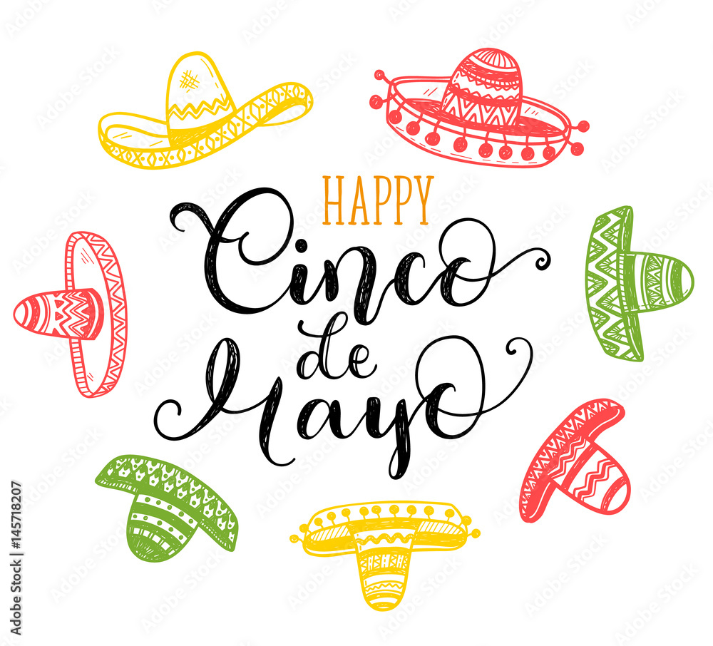 Happy Cinco de Mayo greeting card with hand drawn phrase and doodle sombreros Happy Cinco de Mayo greeting card with hand drawn phrase and doodle sombreros