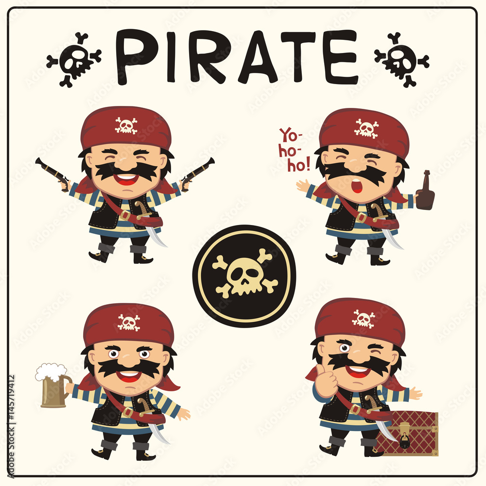 Set isolated pirate in cartoon style. Collection funny pirate in different poses with pistols, sword, beer mug, rum, and chest with treasures.