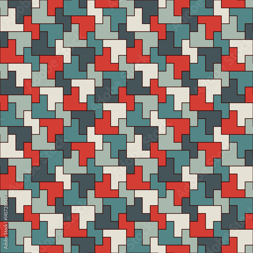 Seamless pattern with simple geometric ornament. Repeated puzzle mosaic abstract background.