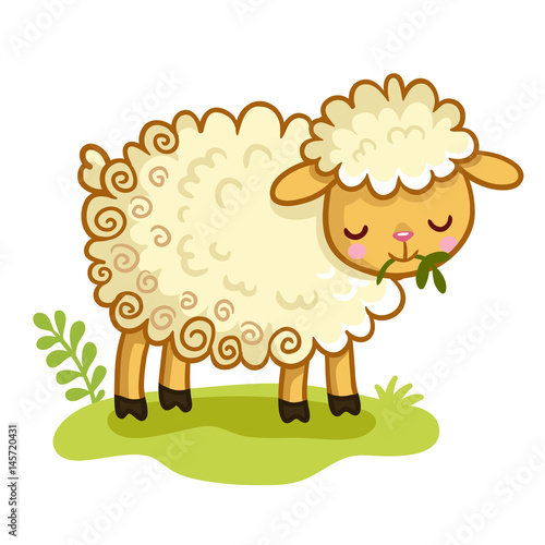 Lamb stands in the clearing and chews the grass.