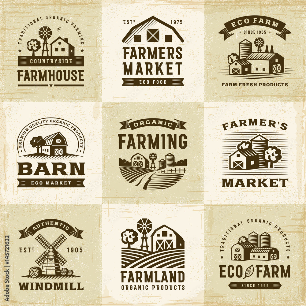 Vintage Organic Farming Labels Set - obrazy, fototapety, plakaty 