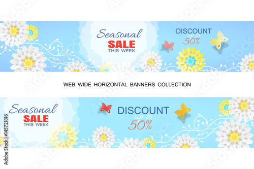 Wallpaper Mural Vector set of Seasonal Sale banners on the gradient blue background with curly branches of flowers, butterflies, text, flowers. Torontodigital.ca