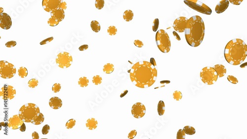 Falling gold casino chips on white background - loop, alpha channel