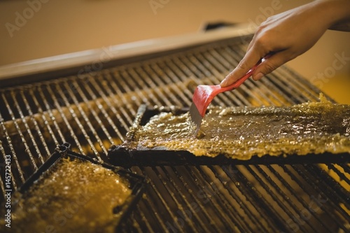 Beekeeper extracting honey from honeycomb in apiary  photo