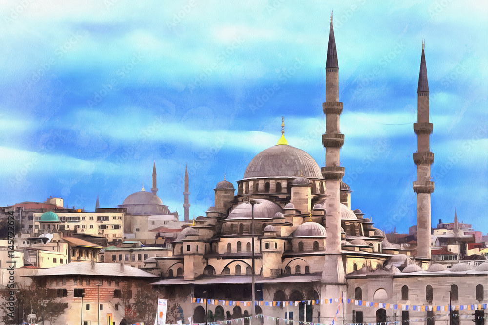 Colorful painting of New Mosque or Yeni Cami