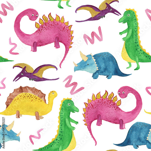 Watercolor painting seamless pattern with cute dinosaurs