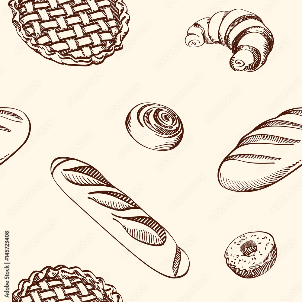Set of vector illustrations - different kinds of cookies and cakes, seamless background.
