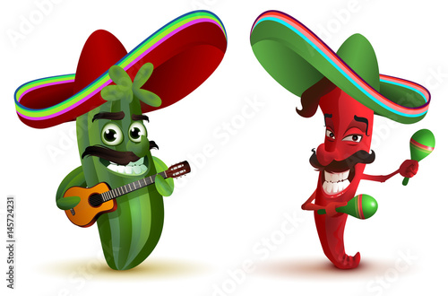 Red hot chili peppers and cactus in Mexican hat sombrero dancing maracas