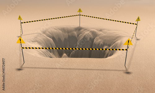 hole in sand With warning tape 3d rendering