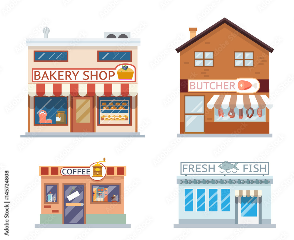 Food shops building set butcher coffee fish bakery flat design vector illustration