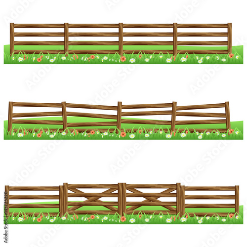 Set of farm wooden fences isolated on white background