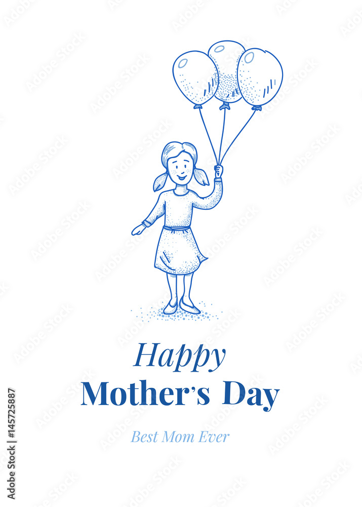 Happy mothers day. Daughter with balloons. Small girl. Hand drawn illustration. Blue line design. Card template.