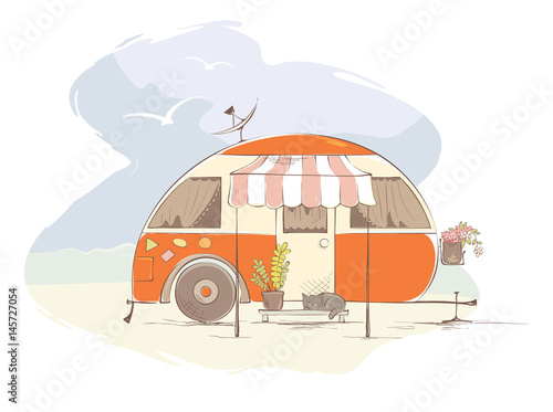 Summer travel in a house on wheels / Funny orange retro trailer on the beach, vector illustration