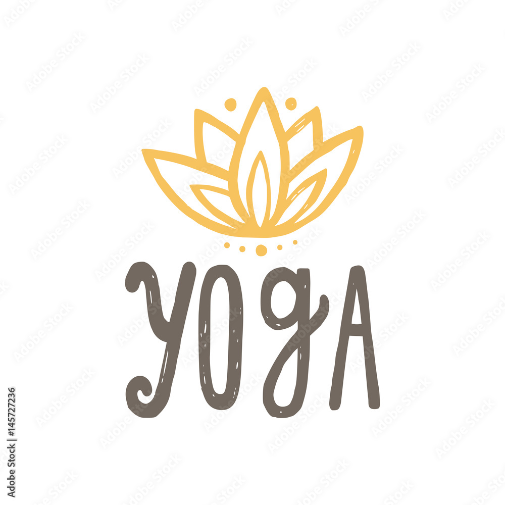 Obraz premium Yoga and lotus. Vector hand drawn lettering and illustration