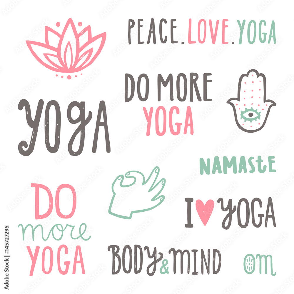 Yoga quotes. Set of hand drawn lettering. Vector isolated on white illustration Yoga quotes. Set of hand drawn lettering. Vector isolated on white illustration