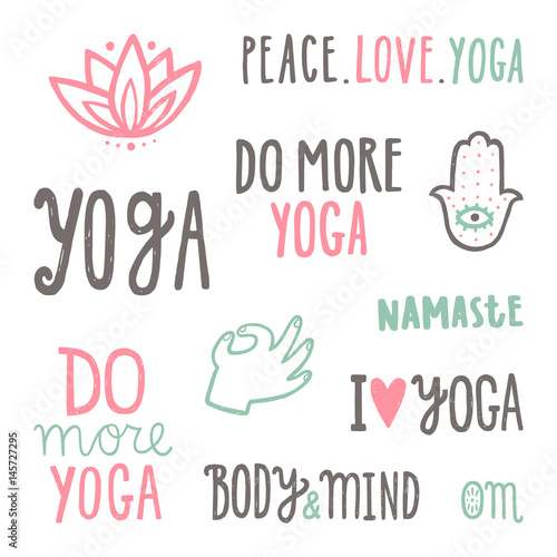 Yoga quotes. Set of hand drawn lettering. Vector isolated on white illustration