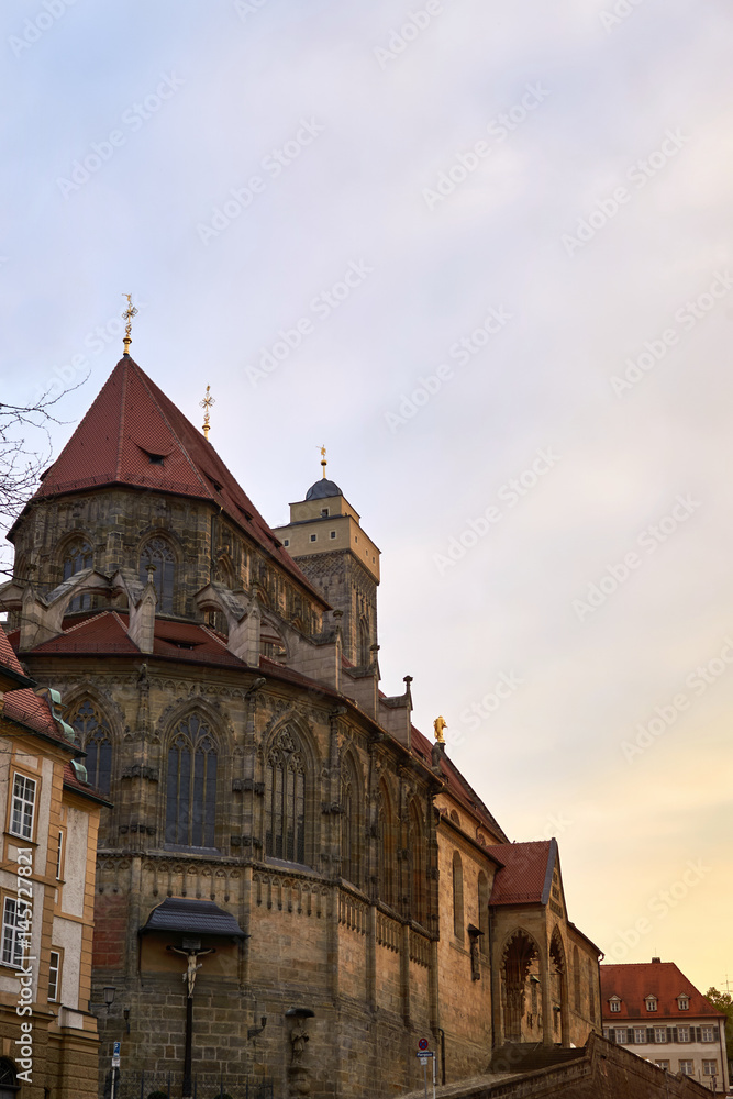 View on the obere Pfarrkirche in Bamberg, Bavaria, Germany, at sunset. The so called church Kirche Unsere Liebe Frau or Obere Pfarre.