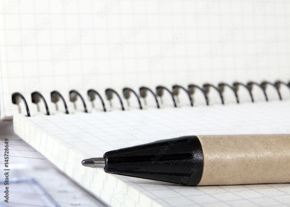 The ballpoint pen lies on the notebook. Close-up The ballpoint pen lies on the notebook. Close-up