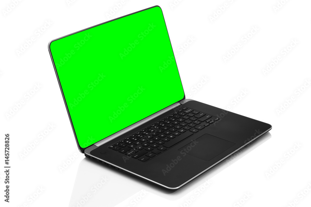 Sleek modern laptop with blank green chroma key screen, front side view tilted back and isolated on white background with reflection Sleek modern laptop with blank green chroma key screen, front side view tilted back and isolated on white background with reflection