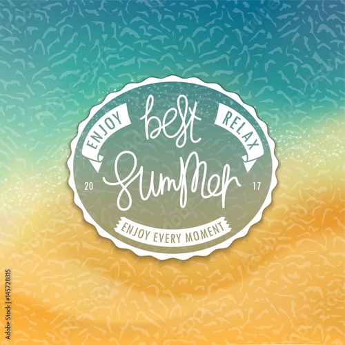 Best Summer. Stylized tropical beachfront background and creative oval label. Sea and sand.
 Handwritten unique slogan. Vector illustration