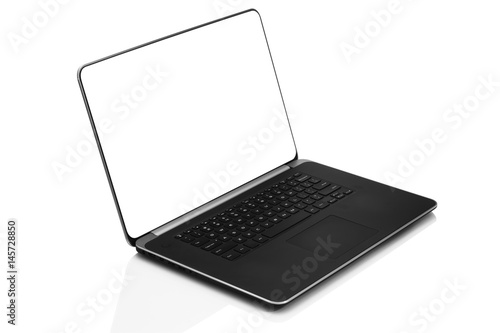 Sleek modern laptop with blank white screen, front side view tilted back and isolated on white background with reflection