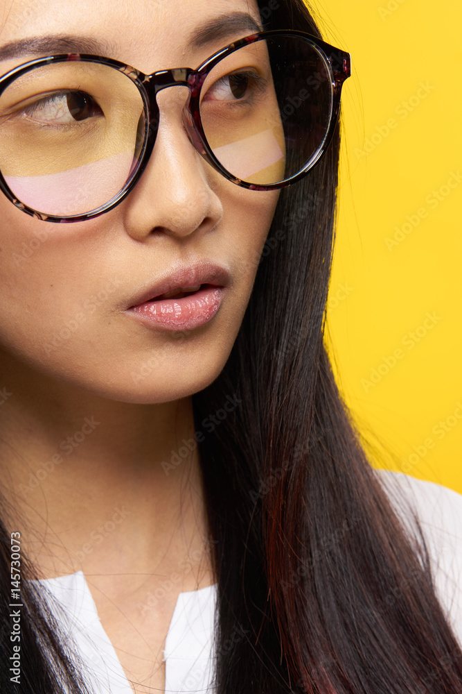 cute asian, glasses, yellow background cute asian, glasses, yellow background