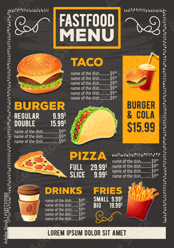 Vector cartoon illustration of a design fast food restaurant menu. Cartoon creative template, flyer, brochure.