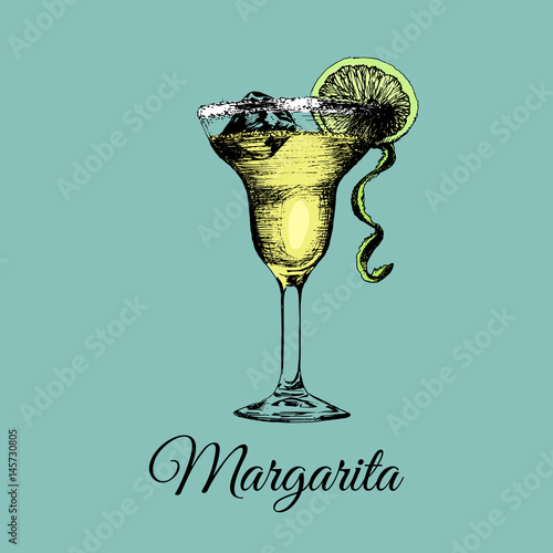 Margarita glass isolated.Vector illustration of alcoholic drink.Hand drawn sketch of cocktail with slice of lime and ice