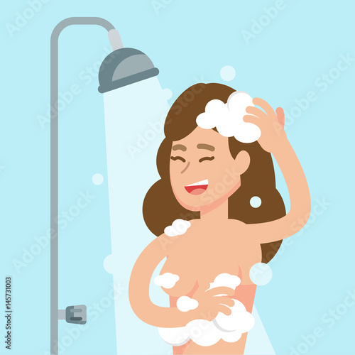 Happy woman taking shower in bathroom concept  Flat cartoon vector illustration.