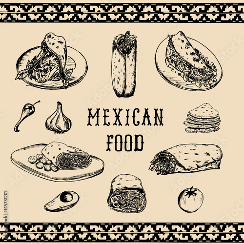 Mexican food menu in vector. Burritos, nachos, tacos illustrations. Hipster snack bar, fast-food restaurant icons.
