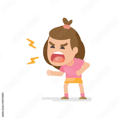 Cute little girl gets mad angry fighting and shouting expression, Vector illustration.