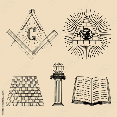 Vector masonic symbols set. Sacred society icons, freemasonry emblems, logos. Esoteric illustrations collection. photo