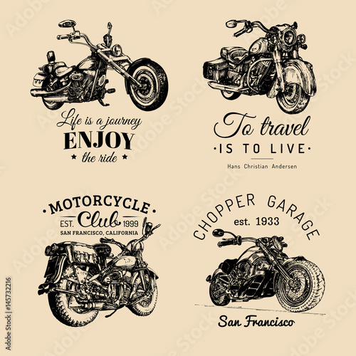 Vector motorcycles advertising posters set. Hand sketched illustrations for MC labels etc. Detailed bikes logos.