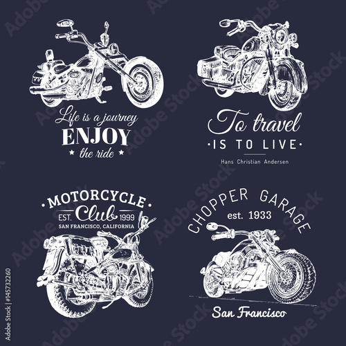 Vector motorcycles advertising posters set. Hand sketched illustrations for MC labels etc. Detailed bikes logos.