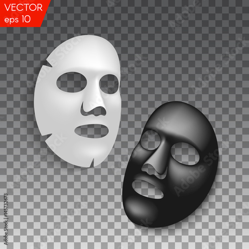 Realistic black and white facial cosmetic sheet mask on transparent background