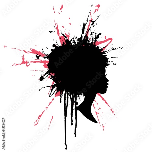 Woman profile silhouette with paint splash hair. Vector salon, spa and fashion cameo logo.