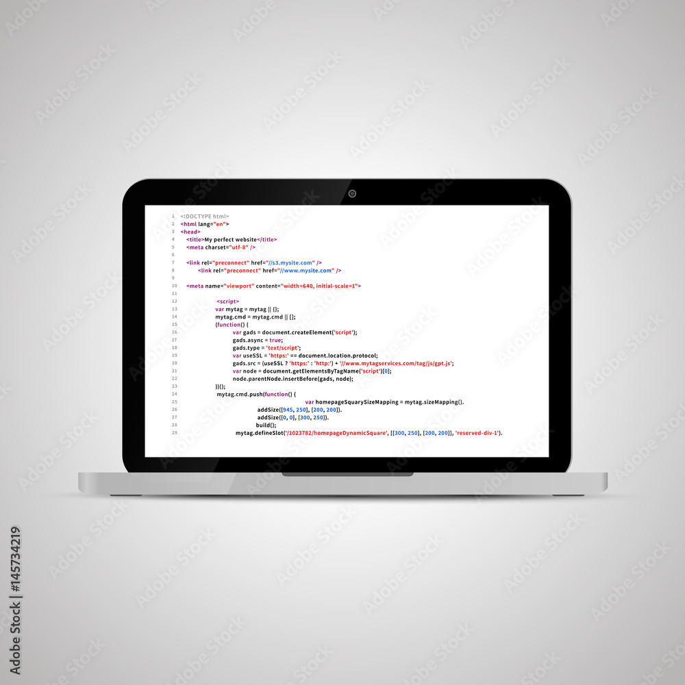 Realistic glossy laptop with simple website HTML code on white Realistic glossy laptop with simple website HTML code on white