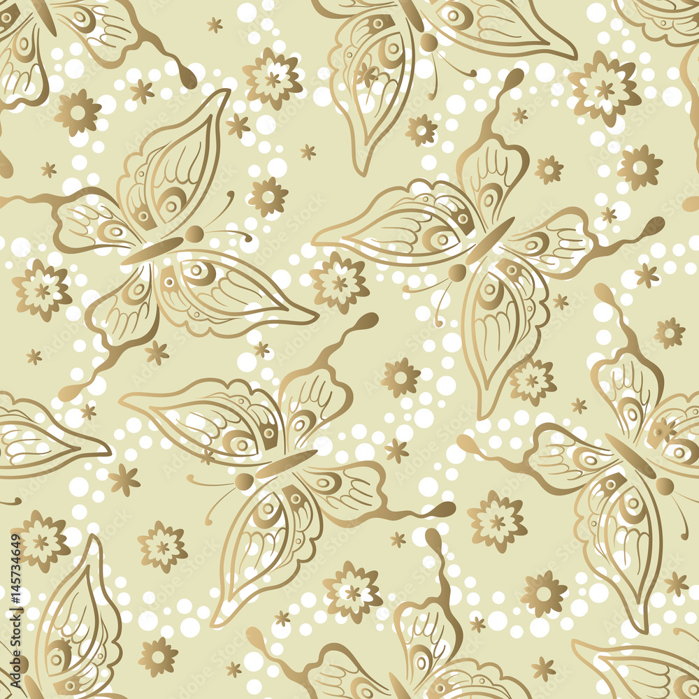 Seamless Background, Tile Pattern with Butterflies and Flowers. Vector